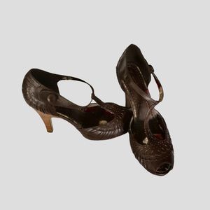 Brown Four Inch Peep Toe Heel